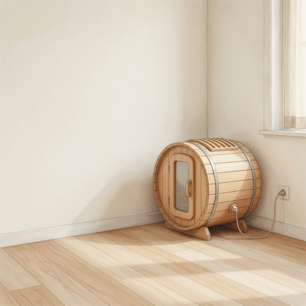 Illustration of a freestanding home sauna setup with simple plug-in use and no renovation work